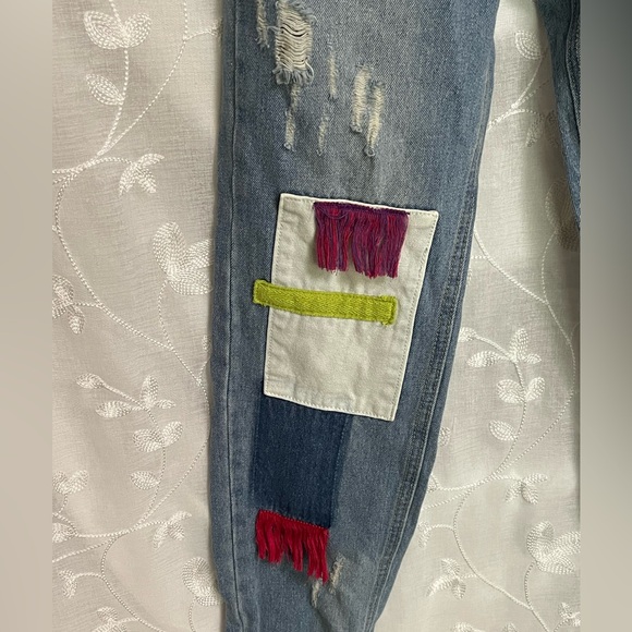 Upcycled Denim Jeans Boho Fabric Fringe Embellishments Distressed Sz M EUC - Picture 3 of 9